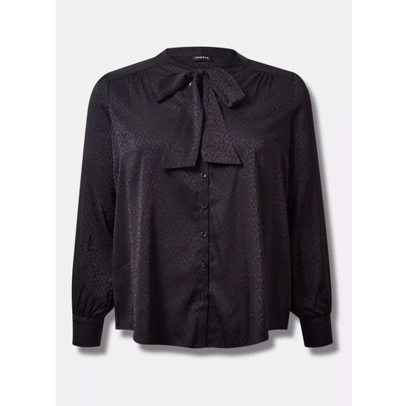Torrid Black Satin Jacquard Tie Neck Button Blouse Top Plus Size 2 (18/20) 2X - Picture 1 of 12